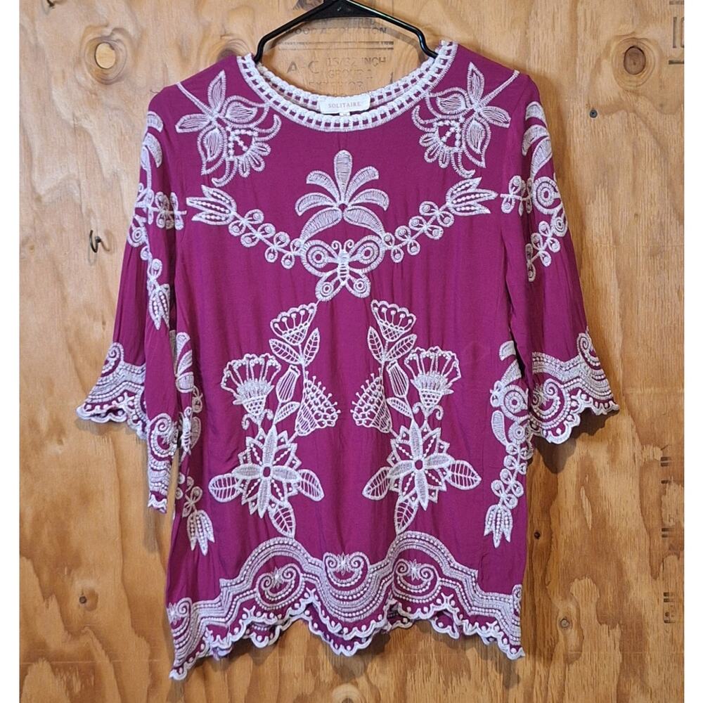 Solitaire Shirt Womens Medium Anthropologie Floral Embroidered Bohemian BohoChic
